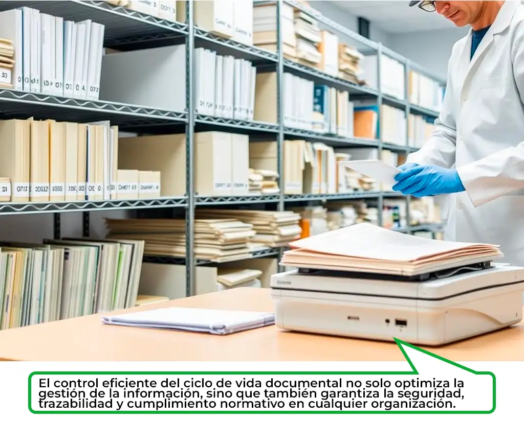 5 Etapas Clave del Ciclo de Vida Documental que Toda Empresa Debe Conocer 2 archivando documentos físicos en estanterías como parte del ciclo de vida documental en una empresa