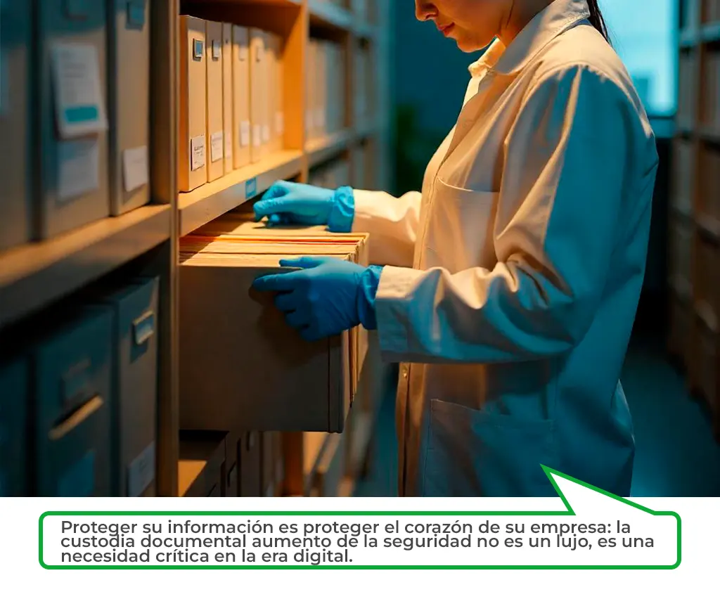 Profesional manipulando archivos físicos con medidas de seguridad documenta